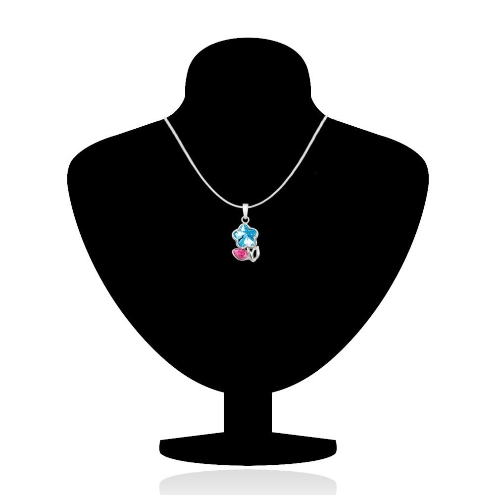 Mahi Rhodium Plated Pink Drop and Blue Floral Pendant Set Made with Swarovski Crystal for Women