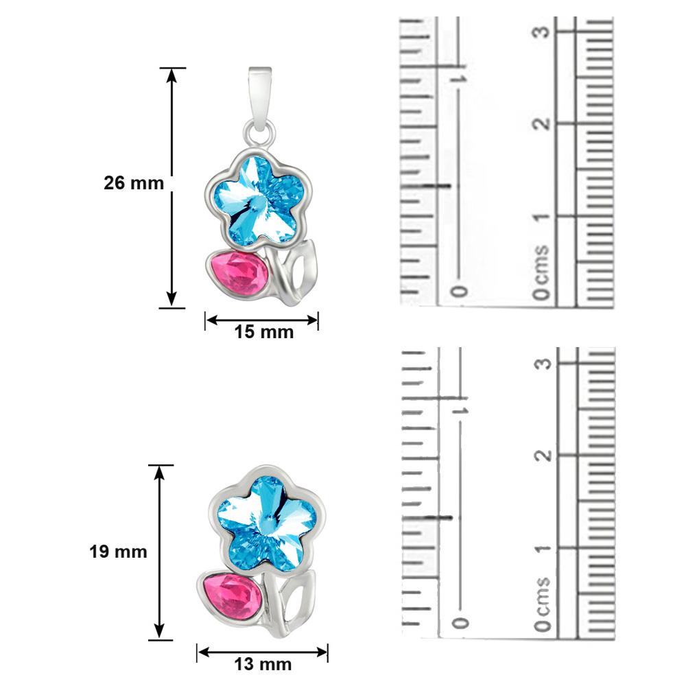 Mahi Rhodium Plated Pink Drop and Blue Floral Pendant Set Made with Swarovski Crystal for Women