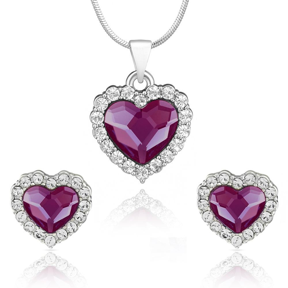 Mahi Rhodium Plated Purple Titanic Heart Pendant Set Made with Swarovski Crystal for Women