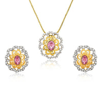 Mahi Gold plated Pink Paradise Flower Pendant Set Made with Swarovski Crystal for Women