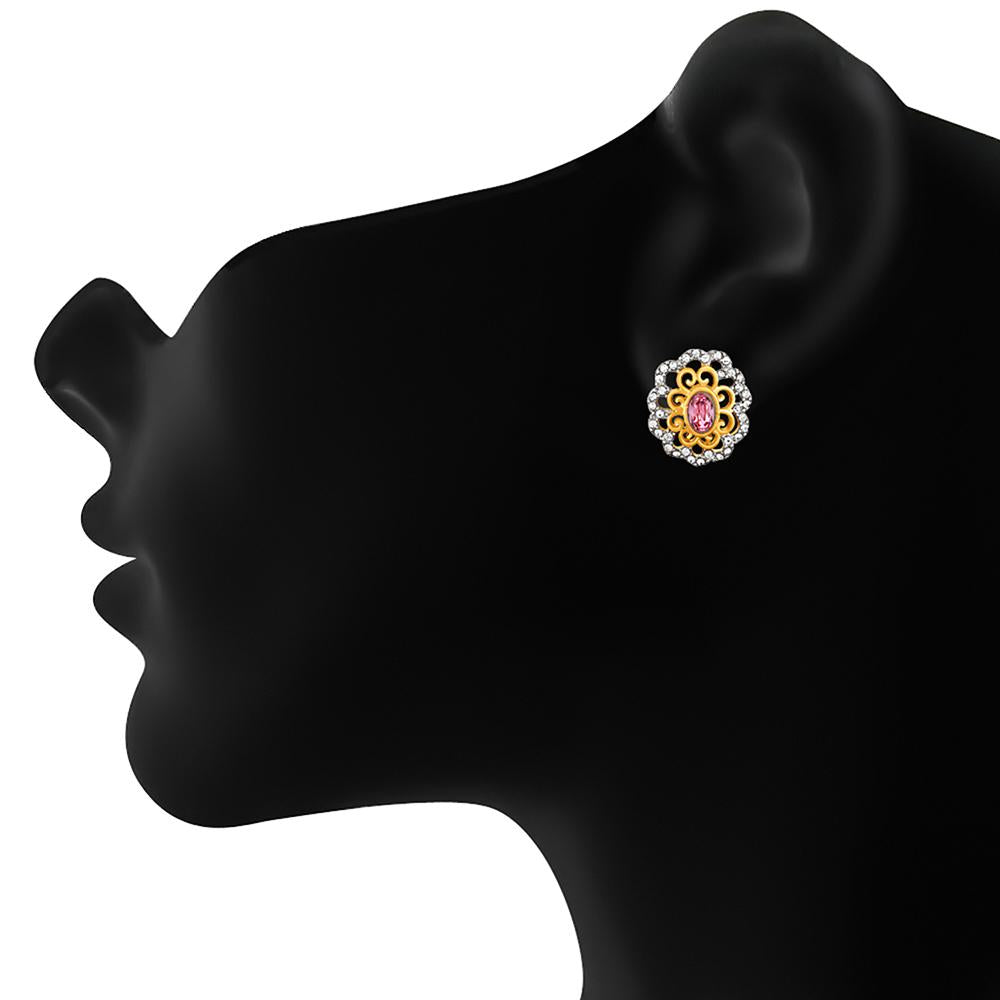 Mahi Gold plated Pink Paradise Flower Pendant Set Made with Swarovski Crystal for Women