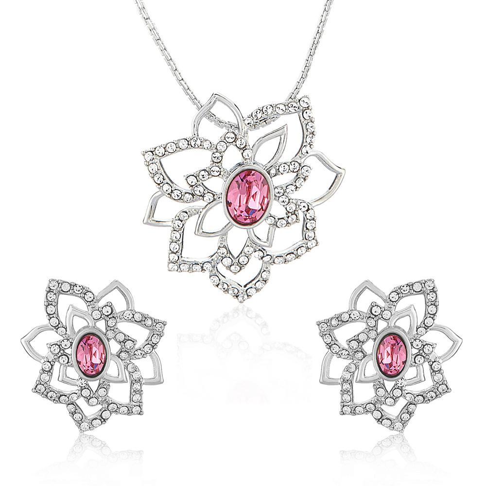 Mahi Rhodium plated Pink Rose Flower Pendant Set Made with Swarovski Crystal for Women