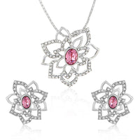 Mahi Rhodium plated Pink Rose Flower Pendant Set Made with Swarovski Crystal for Women