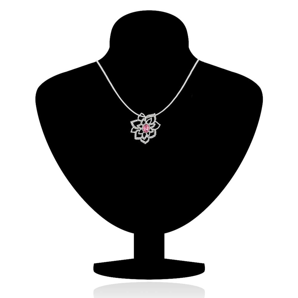 Mahi Rhodium plated Pink Rose Flower Pendant Set Made with Swarovski Crystal for Women
