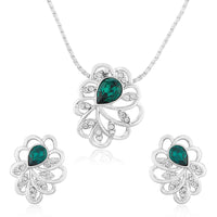 Mahi Rhodium plated Green Marigold Flower Pendant Set Made with Swarovski Crystal for Women