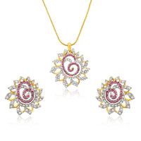 Mahi Valentine Love Gold plated Pink Dahlia Flower Pendant Set Made with Swarovski Crystal for Women