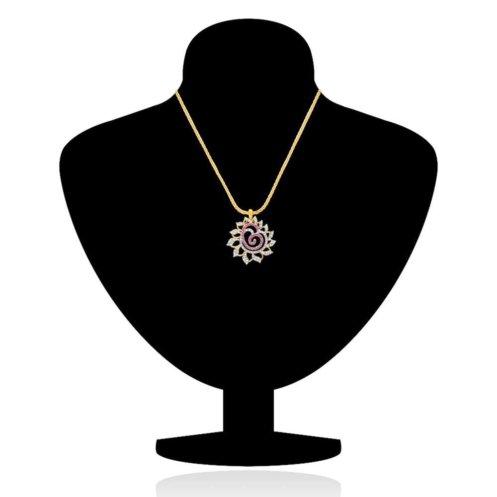 Mahi Valentine Love Gold plated Pink Dahlia Flower Pendant Set Made with Swarovski Crystal for Women