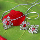 Mahi Rhodium plated Red Aster Flower Pendant Set Made with Swarovski Crystal for Women