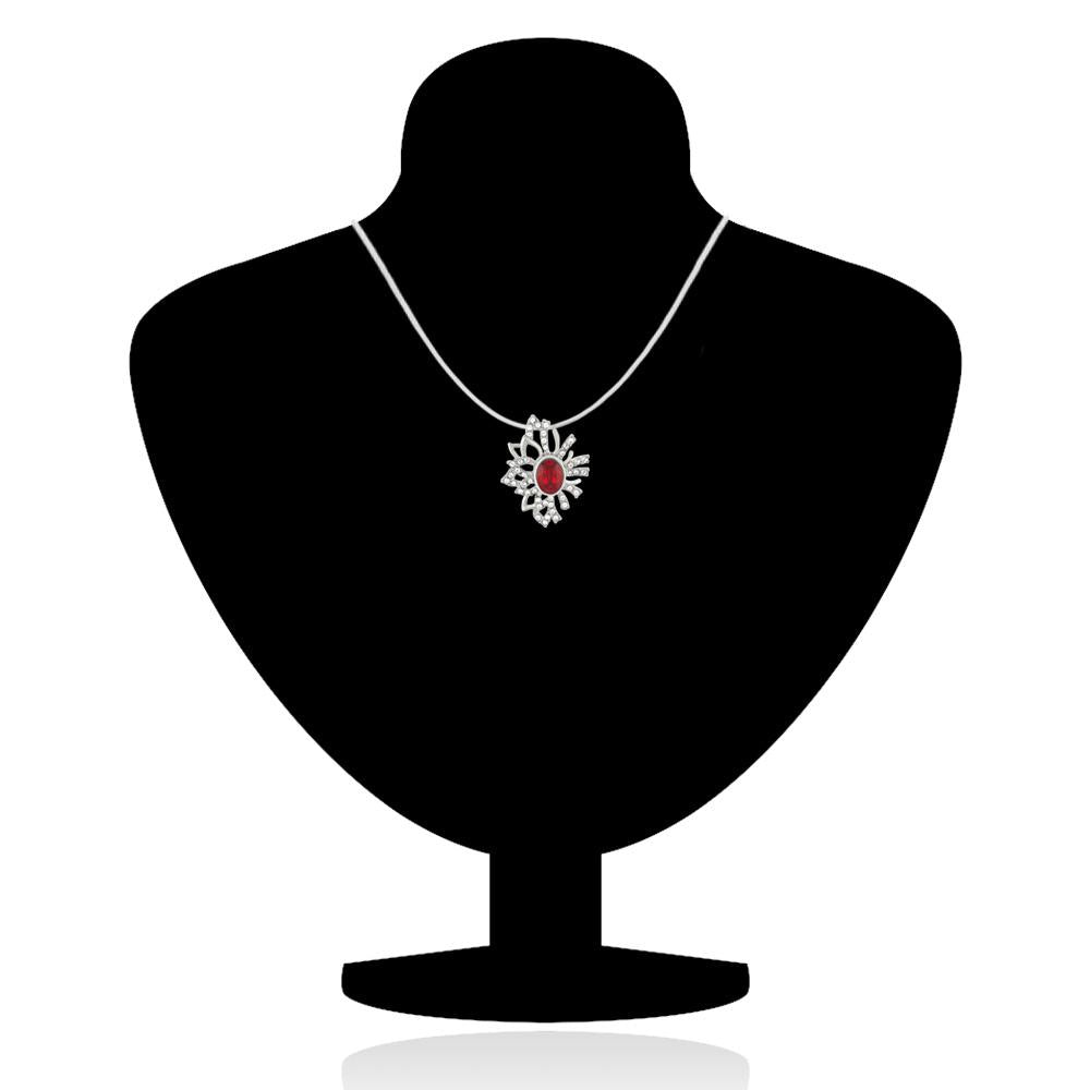 Mahi Rhodium plated Red Aster Flower Pendant Set Made with Swarovski Crystal for Women