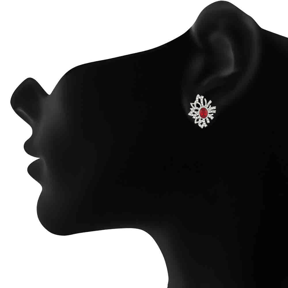 Mahi Rhodium plated Red Aster Flower Pendant Set Made with Swarovski Crystal for Women