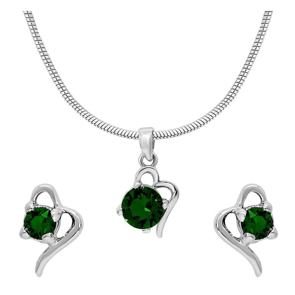 Mahi with Swarovski Crystal Green Victorian Heart Rhodium Plated Pendant Set for Women