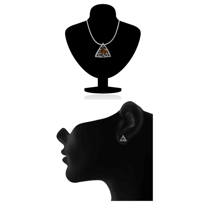 Mahi with Swarovski Crystal Brown Triangle Beauty Rhodium Plated Pendant Set for Women