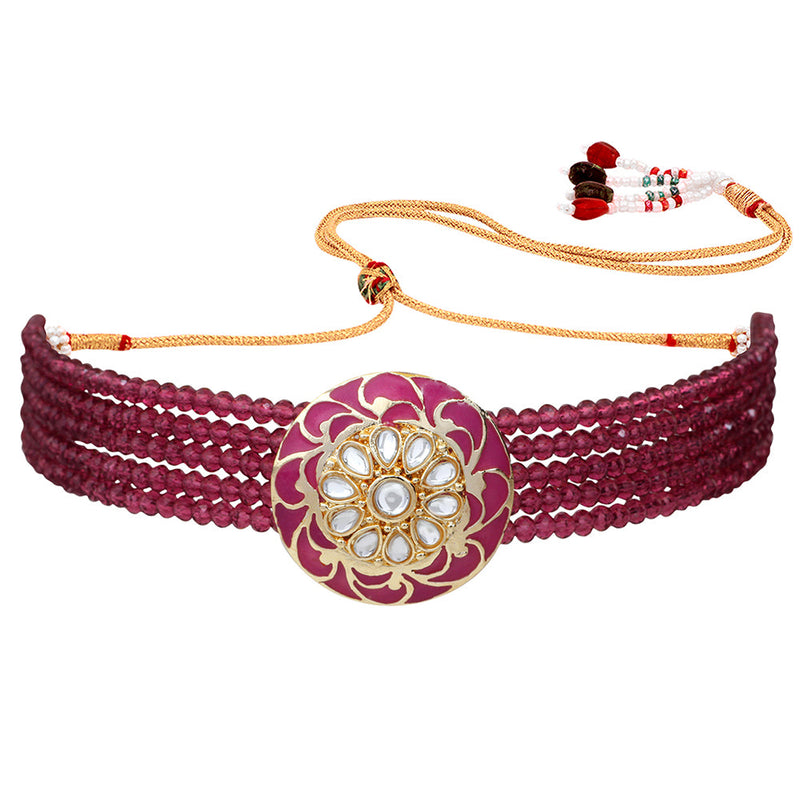 Mahi Incredible Gold Plated Maroon Mee Work and Beads Choker Necklace Set for Women (NL1108103GMar)