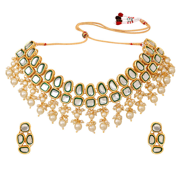 Mahi Gold Plated Traditiol Ethnic Multi Layer Choker Necklace Set for Women (NL1108104G)