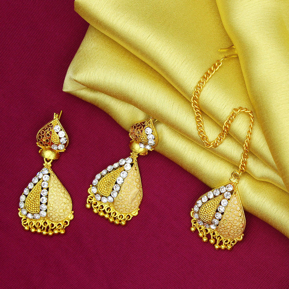 Mahavir Gold Plated Dangler Earrings With Maangtikka