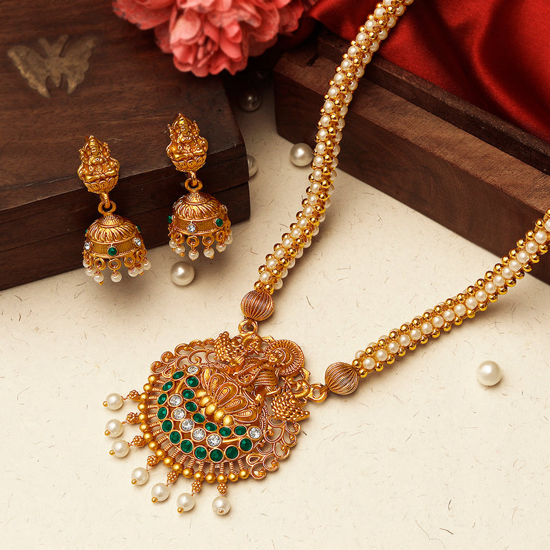 Shrishti Fashion Traditional Laxmi Design Gold Plated Long Haram Necklace set For Women