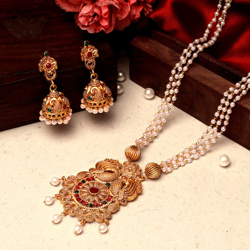 Shrishti Fashion Traditional Peacock Gold Plated Long Haram Necklace set For Women