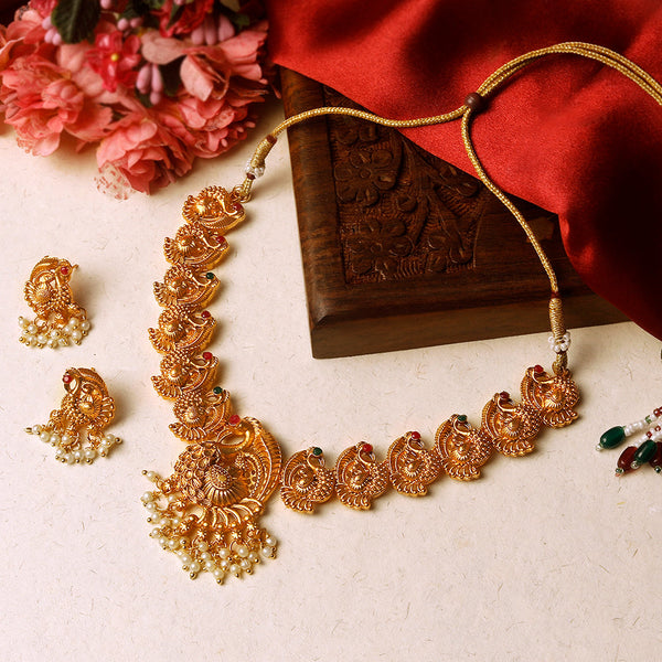 Shrishti Fashion Traditional Paisley Peacock Design Gold Plated Choker Necklace Set For Women