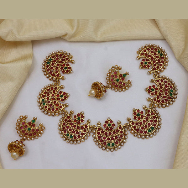 Diksha Collection Gold Plated Pota Stone Choker Necklace Set - N 133 RUBBY GREEN