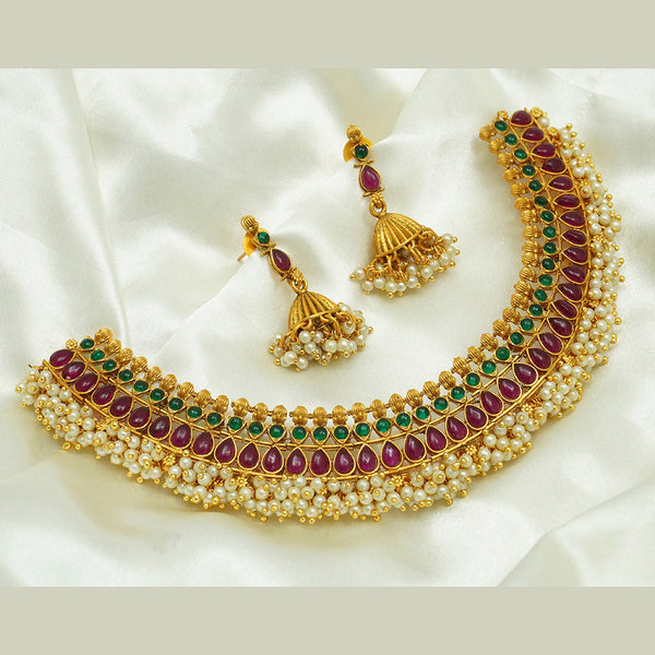 Diksha Collection Gold Plated Pota Stone Choker Necklace Set - N 163 RUBBY GREEN