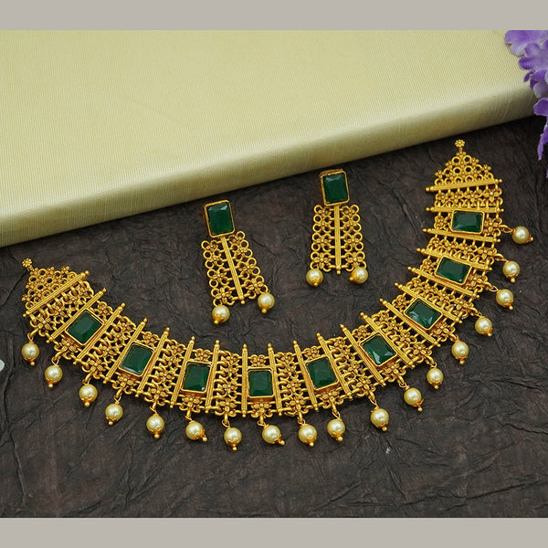 Diksha Collection Gold Plated Pota Stone Choker Necklace Set - N 552 GREEN