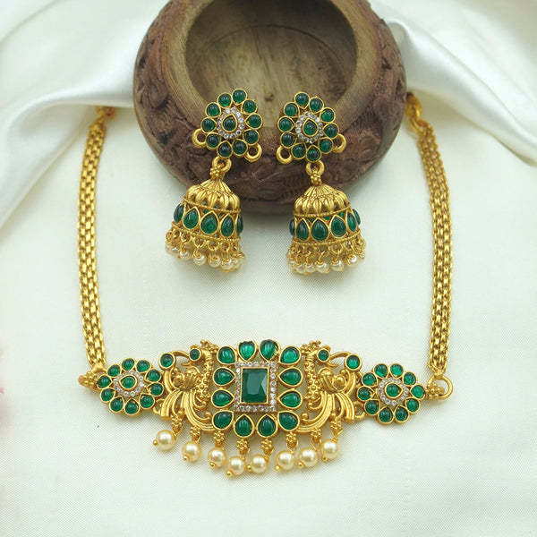 Diksha Collection Gold Plated Pota Stone Choker Necklace Set - N 577 GREEN