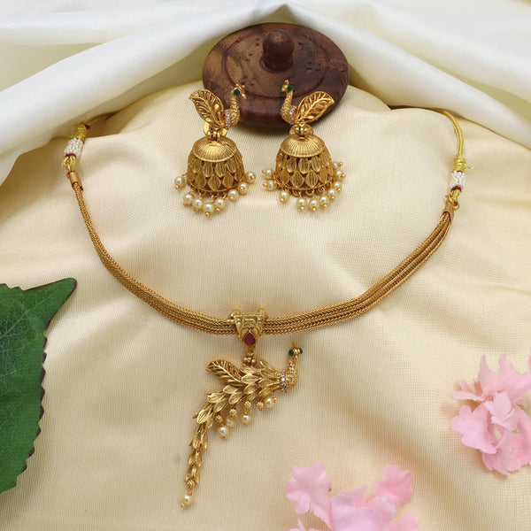 Diksha Collection Gold Plated Pota Stone Peacock Choker Necklace Set - N 610