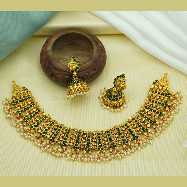 Diksha Collection Gold Plated Pota Stone Choker Necklace Set - N 691 GREEN