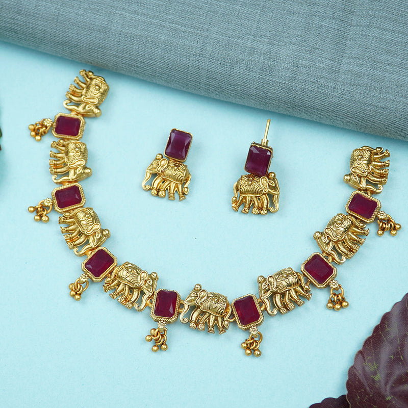 Diksha Collection Gold Plated Pota Stone Necklace Set