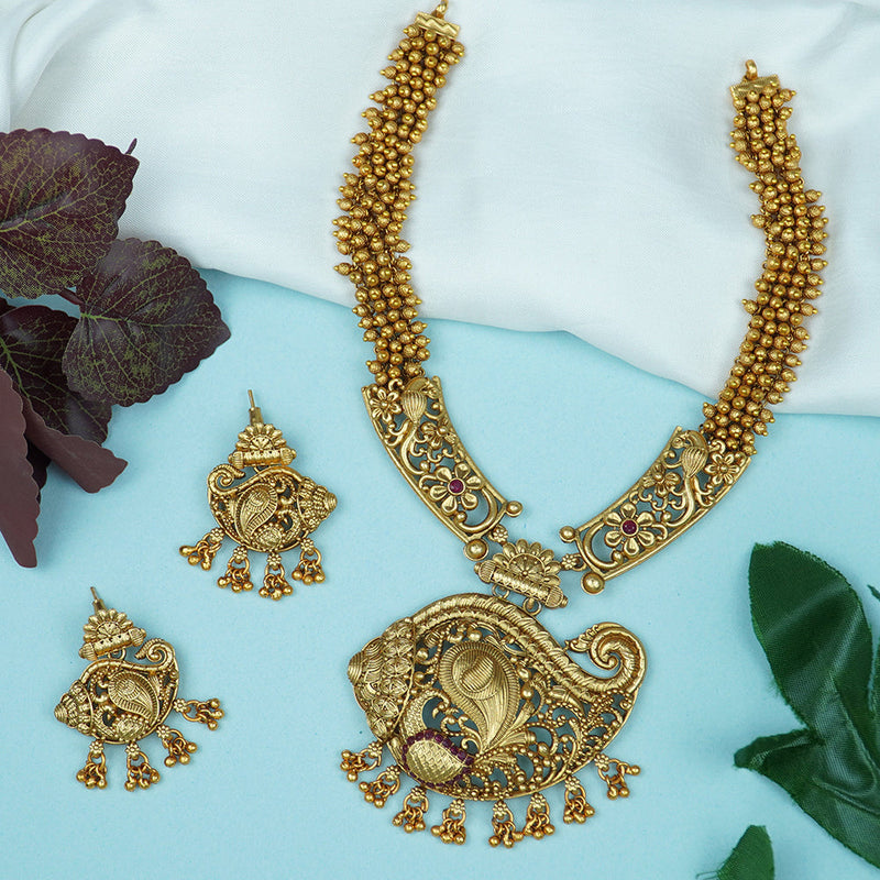 Diksha Collection Gold Plated Pota Stone Long Necklace Set