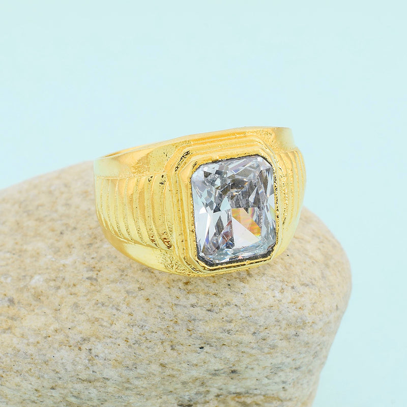 Missmister Brass Gold Plated Imitation Diamond Engagement Wedding Finger Ring Men Women Fashion Jewellery Latest Stylish (Orni5775)