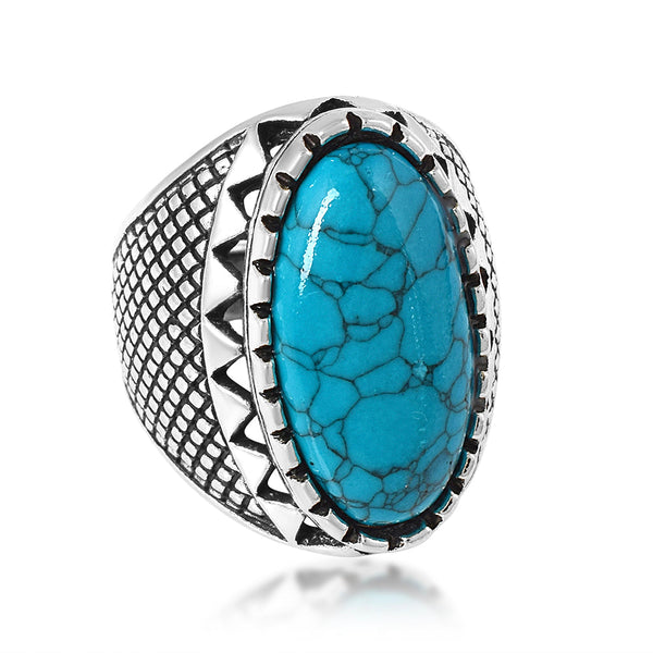 Missmister Pack Of 12 Silver Plated Big Oval Turquoise Firoza Ring  - ORNI8189