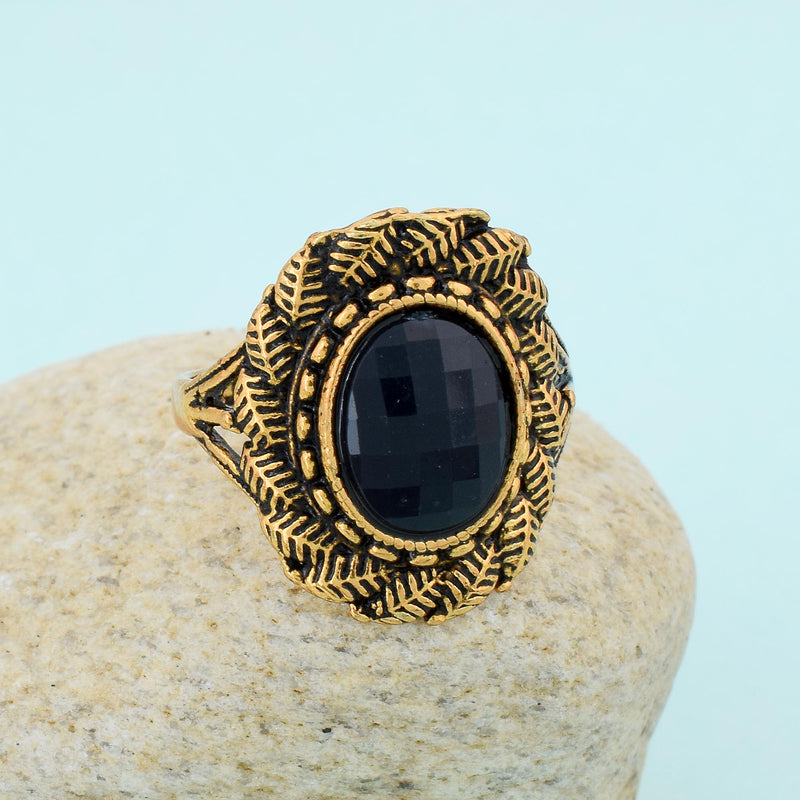 Missmister Brass Antique Gold Plated Rasrawa Black Onyx Traditional Finger Ring Women Stylish Fashion Jewellery Latest (Orrm6637)