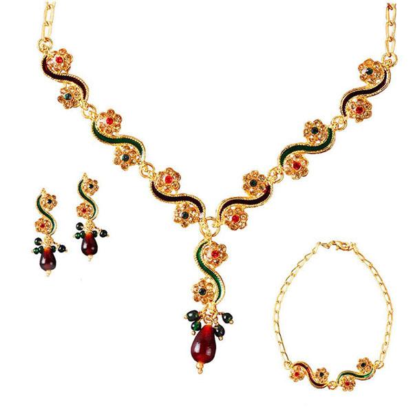 The99Jewel Gold Plated Stone Necklace Set With Bracelet - 1100803