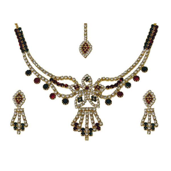 Kriaa Red Stone Floral Necklace Set With Maang Tikka