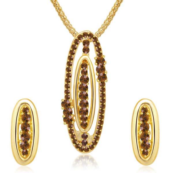 Kriaa Brown Austrian Stone Oval Gold Plated Pendant Set - 1202004
