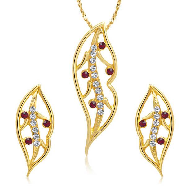 Kriaa Red Austrian Stone Leaf Gold Plated Pendant Set - 1202015