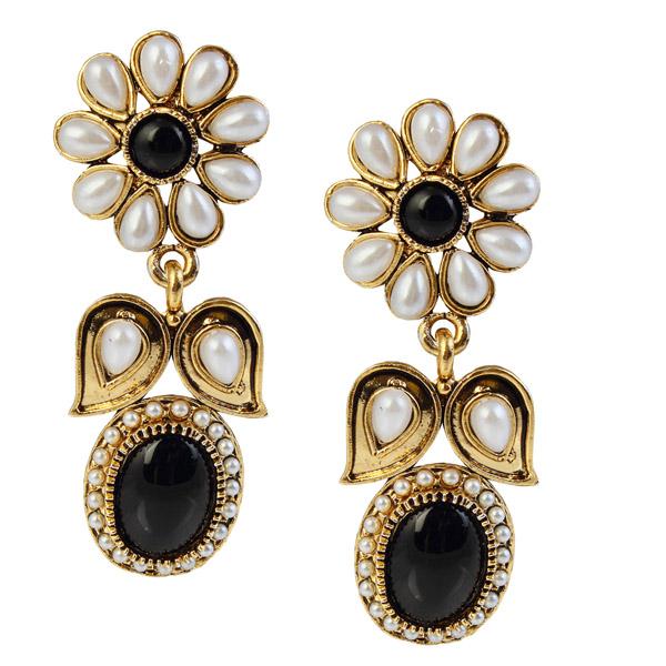 Kriaa Black Pearl Stone Gold Plated Dangler Earrings - 1304907