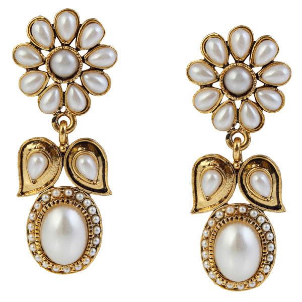 Kriaa White Pearl Stone Gold Plated Dangler Earrings - 1304910