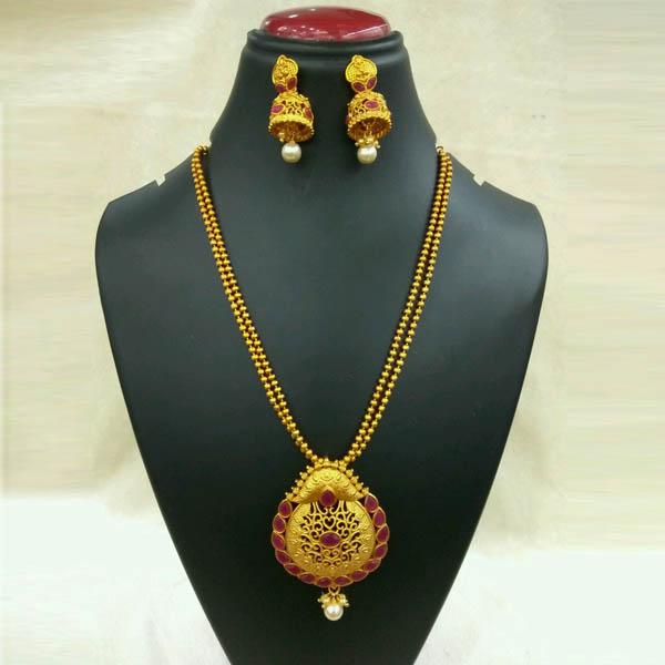 Utkrishtt Gold Plated Maroon Pota Stone Copper Necklace Set - 1111812B