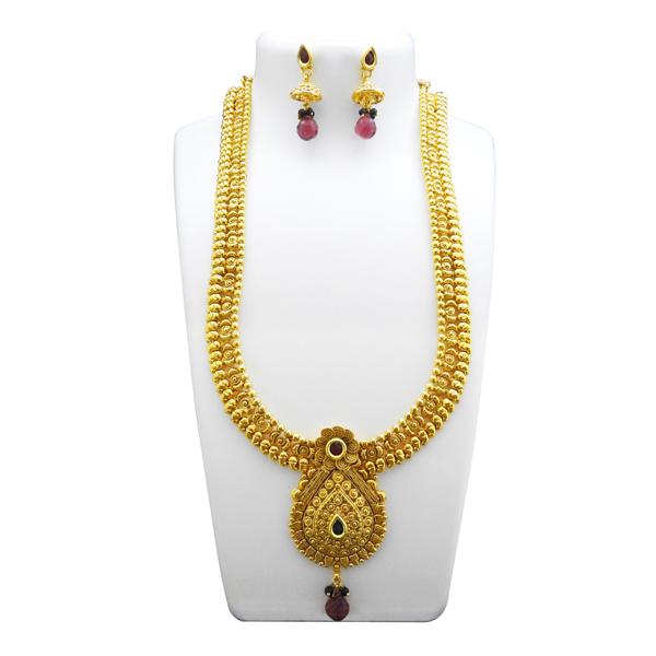 Utkrishtt Gold Plated Maroon Stone Long Copper Necklace Set - 1108329