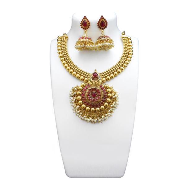 Utkrishtt Gold Plated Pink Pota Stone Copper Necklace Set - 1108333