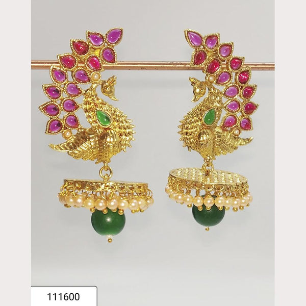 Padmawati Bangles Pink And Green Kundan And Pearl Peacock Jhumki Earrings - PBEAR01