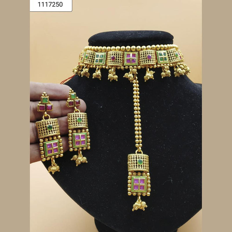 Padmawati Bangles Green And Pink Kundan Gold Plated Choker Necklace Set - PBNECK106