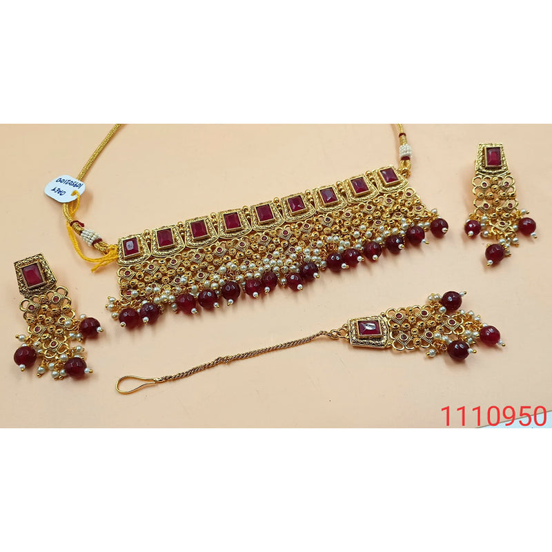 Padmawati Bangles Maroon Stone  & Pearl Copper Necklace Set