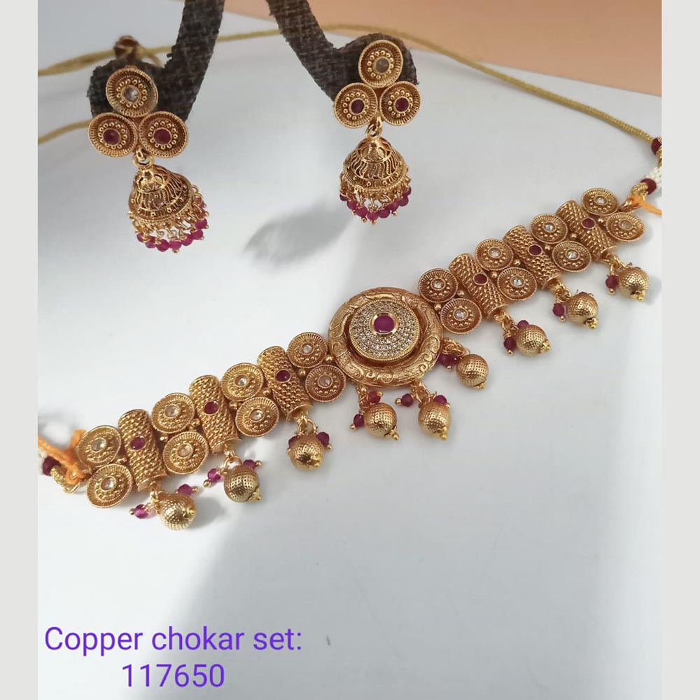 Padmawati Bangles Copper Pink & Green Stone Choker Necklace Set