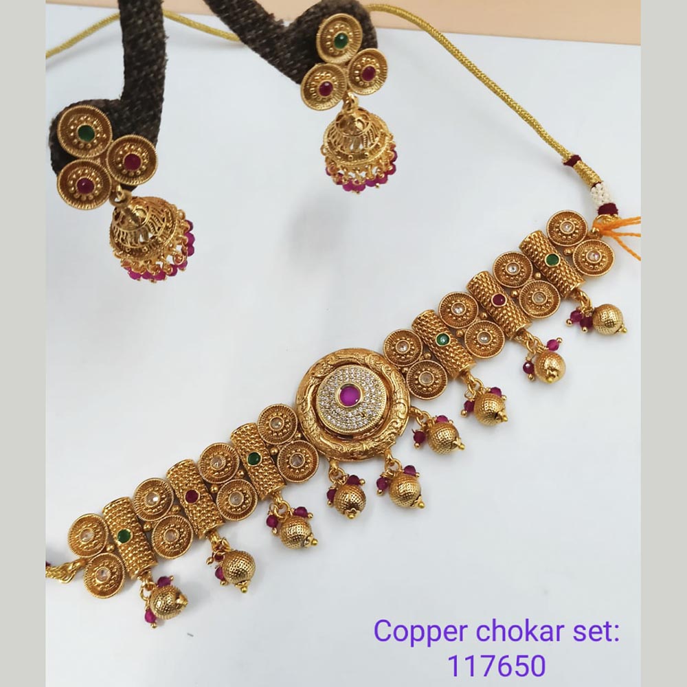 Padmawati Bangles Copper Pink & Green Stone Choker Necklace Set