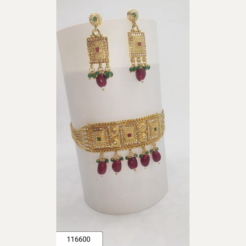Padmawati Bangles Gold Plated Maroon And Green Austrian Stone Necklace Set - PBNECK79