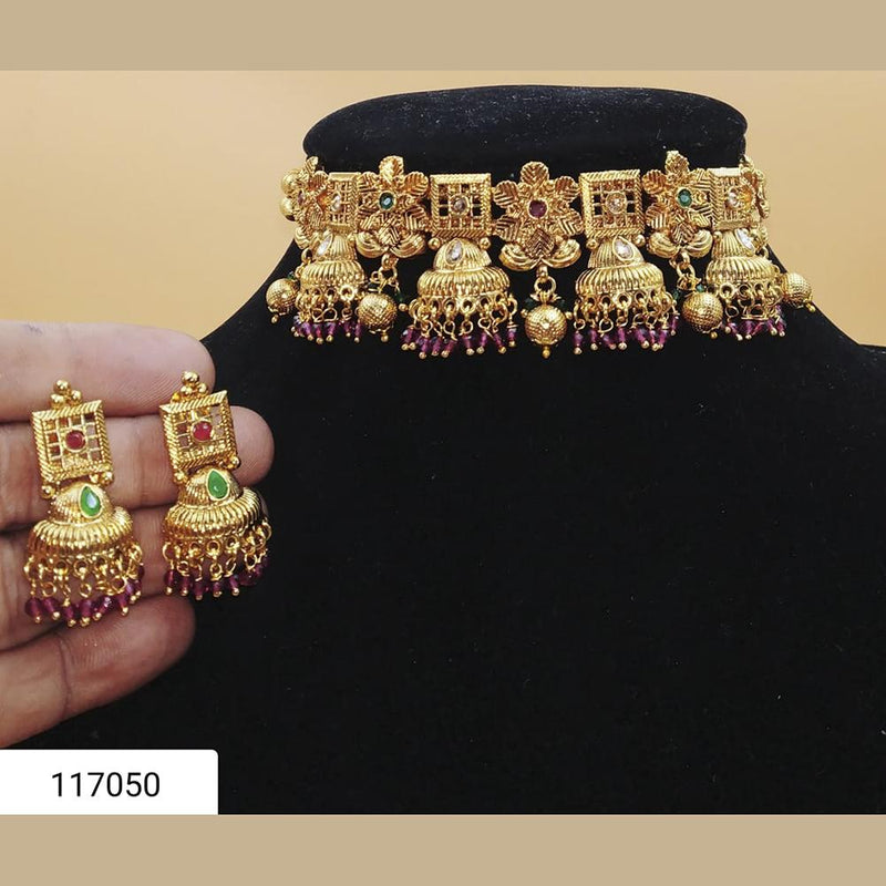 Padmawati Bangles Gold Plated Green And Maroon Austrian Stone Choker Necklace Set - PBNECK82