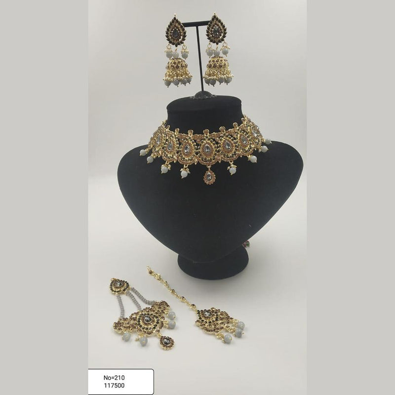 Padmawati Bangles Gold Plated Grey Austrian Stone Necklace Set With Maang Tikka  - PBNECK94